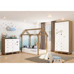 Quarto Infantil Decorado Peroba Cama Montessoriana, Cômoda 1 Porta com Janela Bolinha e Roupeiro 3 Portas com Janela Bolinha Branco/Carvalho - Moveis Peroba Montessoriana/Bolinha