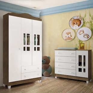 Quarto Infantil com Roupeiro 3 Portas e Cômoda Ariel Branco Fosco/Amadeirado - Carolina Móveis - Carolina moveis