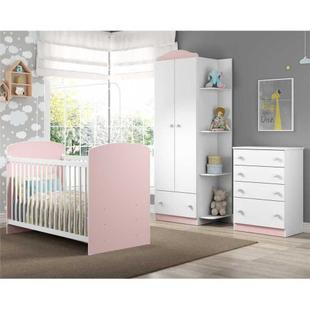 Quarto Infantil completo João e Maria Multimóveis Branco/Rosa com Berço + Guarda roupa 2 portas + cômoda 4 Gavetas