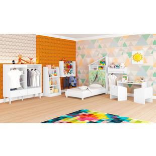 Quarto Infantil Completo Mini Cama Cômoda/Guarda Roupa 1 Mesa 2 Cadeiras Estantes Multiuso 3 Prateleiras Nicho Branco - Art In Móveis