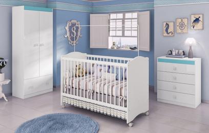 Quarto Infantil Completo Satriani com Berço/Guarda Roupa/Cômoda Branco/Azul - Móveis Estrela