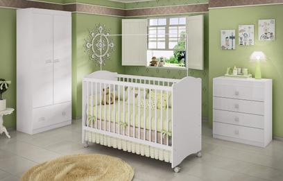 Quarto Infantil Completo Satriani com Berço/Guarda Roupa/Cômoda Branco - Móveis Estrela