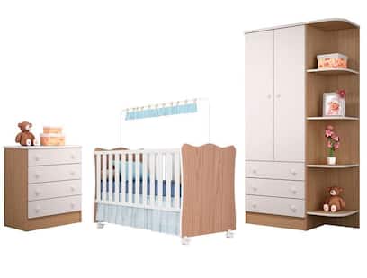 Quarto Infantil Doce Sonho - Berço Simples Branco/Carvalho - Qmovi