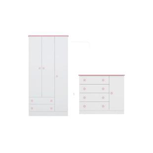 Quarto infantil Doce Sonho Guarda Roupa e Cômoda Sapateira Branco/Rosa - Qmovi