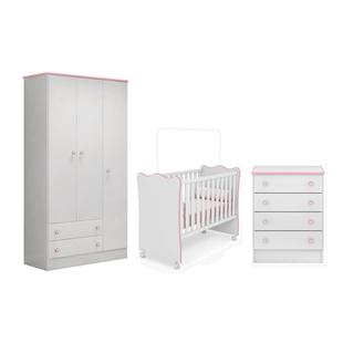 Quarto Infantil Guarda Roupa 3 Portas, Berço e Cômoda 4 Gavetas Doce Sonho Branco/Rosa - Qmovi