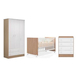 Quarto Infantil Guarda Roupa 3 Portas, Berço e Cômoda 4 Gavetas Doce Sonho Carvalho - Qmovi