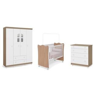 Quarto Infantil Guarda Roupa 4 Portas Amore Janela, Cômoda e Berço Branco/Carvalho - Qmovi