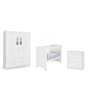 Quarto Infantil Guarda Roupa 4 Portas Amore Janela, Cômoda e Berço Branco Qmovi