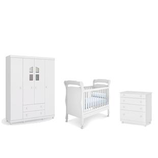 Quarto Infantil Guarda Roupa 4 Portas Amore Janela, Cômoda e erço Mini Cama Colonial Amore Qmovi