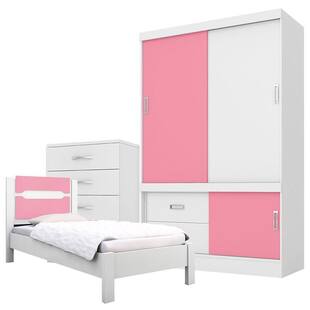 Quarto Infantil Guarda Roupa Estilo 2 Cômoda Astral e Cama Riviera Branco Brilho Rosa Demóbile - Demobile