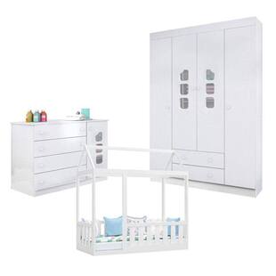 Quarto Infantil Lívia 4 Portas e Cama Montessoriana com Grade Branco Brilho Canaã - Phoenix - Phoenix Baby