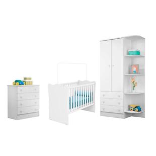 Quarto Infantil Meu Soninho com Berço, Cômoda e Guarda Roupa - Branco - Qmovi
