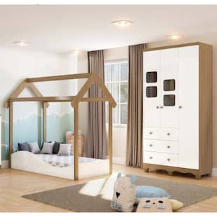 Quarto Infantil Decorado Peroba Cama Montessoriana e Roupeiro 3 Portas com Janela Uli Branco/Carvalho - Moveis Peroba 0