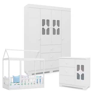Quarto Infantil New Cristal 4 Portas e Cama Montessoriana com Grade Branco Brilho - Canaã - Canaa Baby