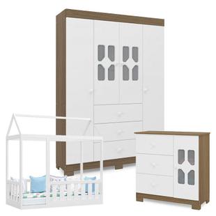 Quarto Infantil New Cristal 4 Portas e Cama Montessoriana com Grade Branco Brilho Wengue - Canaã - Canaa Baby