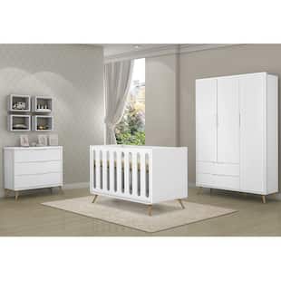 Quarto Infantil Old Clean com Berço, Guarda Roupa e Cômoda 3 gav Branco/Nature - Planet Baby