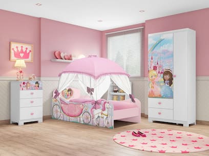 Quarto Infantil Princesas na Floresta com Cama com Dossel, Guarda Roupa e Cômoda - Moveis Estrela