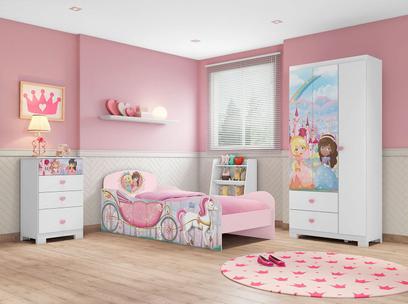 Quarto Infantil Princesas na Floresta com Cama, Guarda roupa e Cômoda 100% MDF- Móveis Estrela