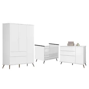 Quarto Infantil Retro Alice com Guarda Roupa, Cômoda com Porta e Berço Mini Cama Branco - PR Baby