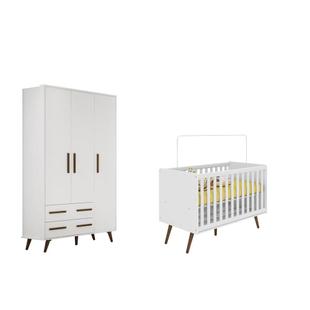 Quarto Infantil Retrô com Guarda Roupa 3 Portas e 2 Gavetas e Berço Mini Cama Branco - Qmovi