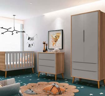 Quarto Infantil Théo Retrô Cinza Fosco/Mezzo Fosco com Pés Madeira - Reller