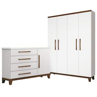Quarto Infantil Wood com Guarda Roupa 4 portas e Cômoda 4 gav e Porta Branco/Hannover - Planet Baby