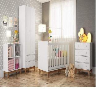 Quarto para Bebê com Guarda Roupa, Berço, Cômoda e Estante Retrô Siena Móveis Branco