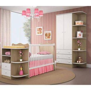 Quarto Para Bebê Doce Sonho - Berço Cantoneira E Guarda Roupa - Branco/Carvalho - Qmovi
