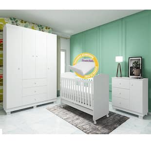 Quarto Para Bebê Emile Slim Com Guarda Roupa 4 Portas + Cômoda + Berço Mini Cama 230 - Phoenix Baby