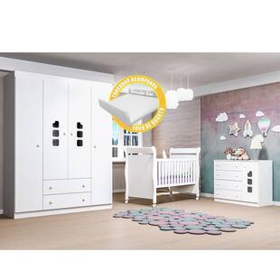 Quarto para Bebê Guarda Roupa 4 Portas, Cômoda Livia + Berço 251 - Phoenix Baby
