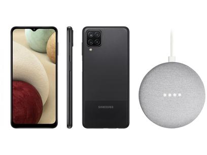 Smartphone Samsung Galaxy A12 64GB Preto 4G – 4GB RAM + Nest Mini 2ª geração Smart Speaker