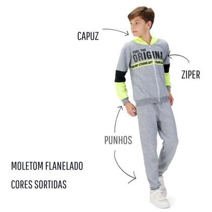 Imagem de 01 Conjunto Moletom Juvenil Masculino Blusa Calça Flanelado capuz ziper Roupa Infantil menino inverno 0416
