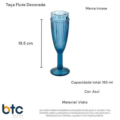 Imagem de 02 Taças Flute Champanhe Decorada Azul Vidro 185ml Espumante