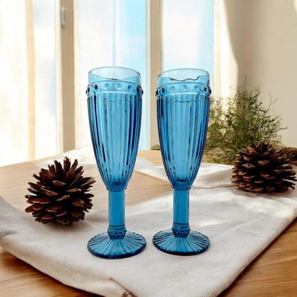 Imagem de 02 Taças Flute Champanhe Decorada Azul Vidro 185ml Espumante