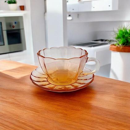 Imagem de 02 Xícaras Chá Pires 240ml Peach Vidro Canelado Mesa Posta