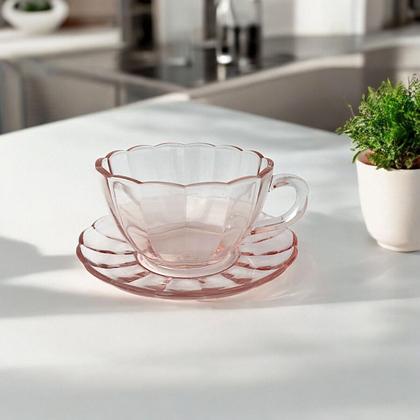 Imagem de 02 Xícaras Chá Pires 240ml Peach Vidro Canelado Mesa Posta