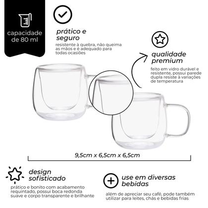 Imagem de 02 Xícaras De Cafe Vidro Duplo Expresso 80ml - Mimo Style
