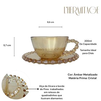 Imagem de 02 Xícaras e Pires Chá 200ml Cristal Âmbar Luster Lhermitage