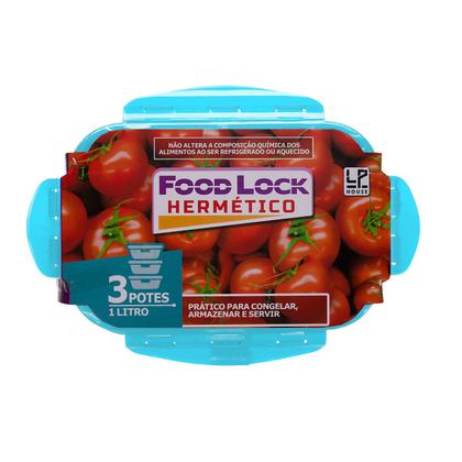 Imagem de 03 Pote Hermetico Retangular Para Alimentos Freezer E Microondas 1000ml Tampa Colorida - Lp House