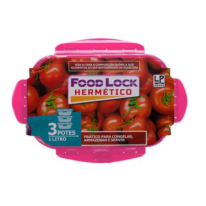 Imagem de 03 Pote Hermetico Retangular Para Alimentos Freezer E Microondas 1000ml Tampa Colorida - Lp House