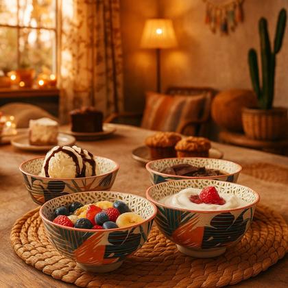 Imagem de 04 Bowl Tigela Cumbuca Estampa de Folhas Porcelana Pequena