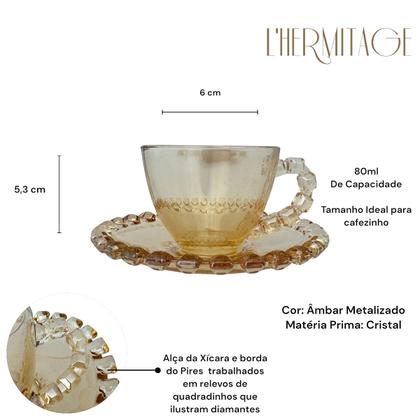 Imagem de 04 Xícaras Pires Café 80ml Cristal Âmbar Luster Lhermitage