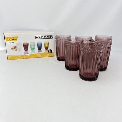 Imagem de 06 Copos Decorados Bebidas Marsala Roxa Vidro Canelado 370ml