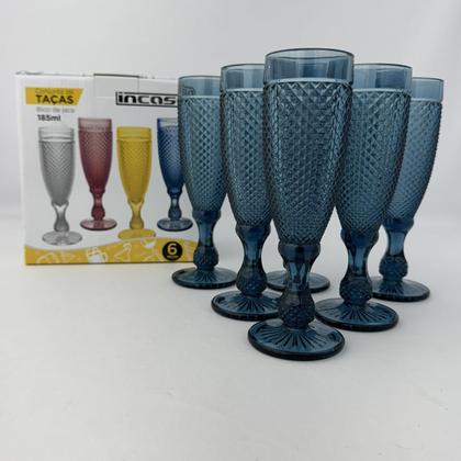 Imagem de 06 Taças Flute Champanhe Decorada Bico de Jaca Azul em Vidro