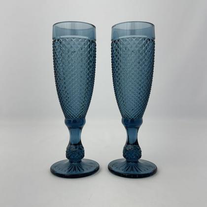 Imagem de 06 Taças Flute Champanhe Decorada Bico de Jaca Azul em Vidro