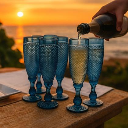 Imagem de 06 Taças Flute Champanhe Decorada Bico de Jaca Azul em Vidro