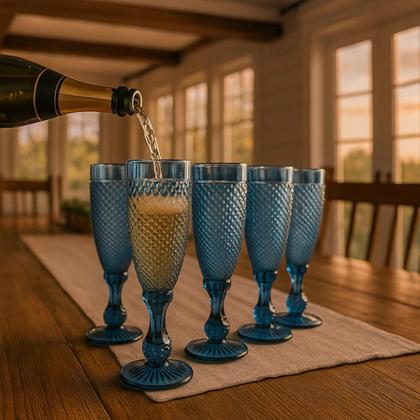 Imagem de 06 Taças Flute Champanhe Decorada Bico de Jaca Azul em Vidro