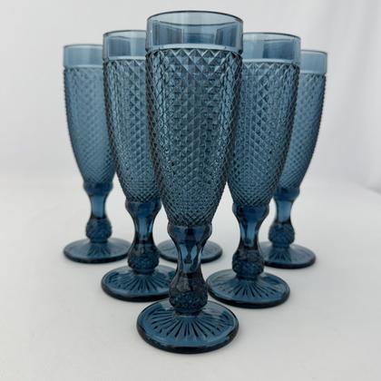 Imagem de 06 Taças Flute Champanhe Decorada Bico de Jaca Azul em Vidro