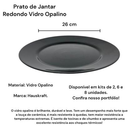 Imagem de 08 Pratos Redondo Jantar Vidro Opalino Preto Mesa Posta 26cm