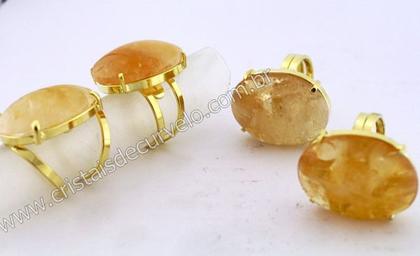 Imagem de 1 Anel Citrino Cabochão Oval Montagem Flash Dourado Aro Ajustavel REF 20.4